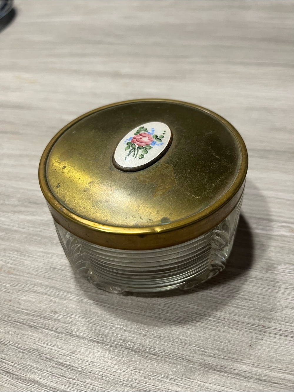 Vintage 1940's Powder Jar Glass Base With Guilloche Enamel Rose Brass Lid